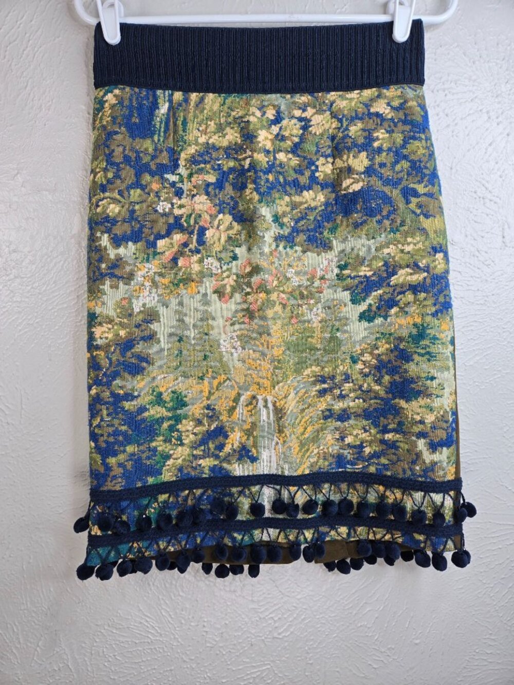 Maeve Anthropologie Tapestry Pom Pom Mini Pencil Skirt 6 Green Blue Boho Artsy